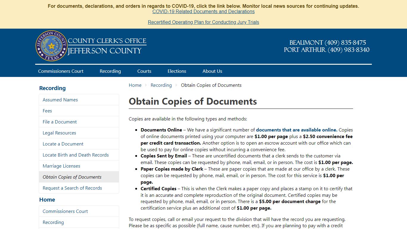 Recording - Obtain Copies of Documents - Jefferson County TX